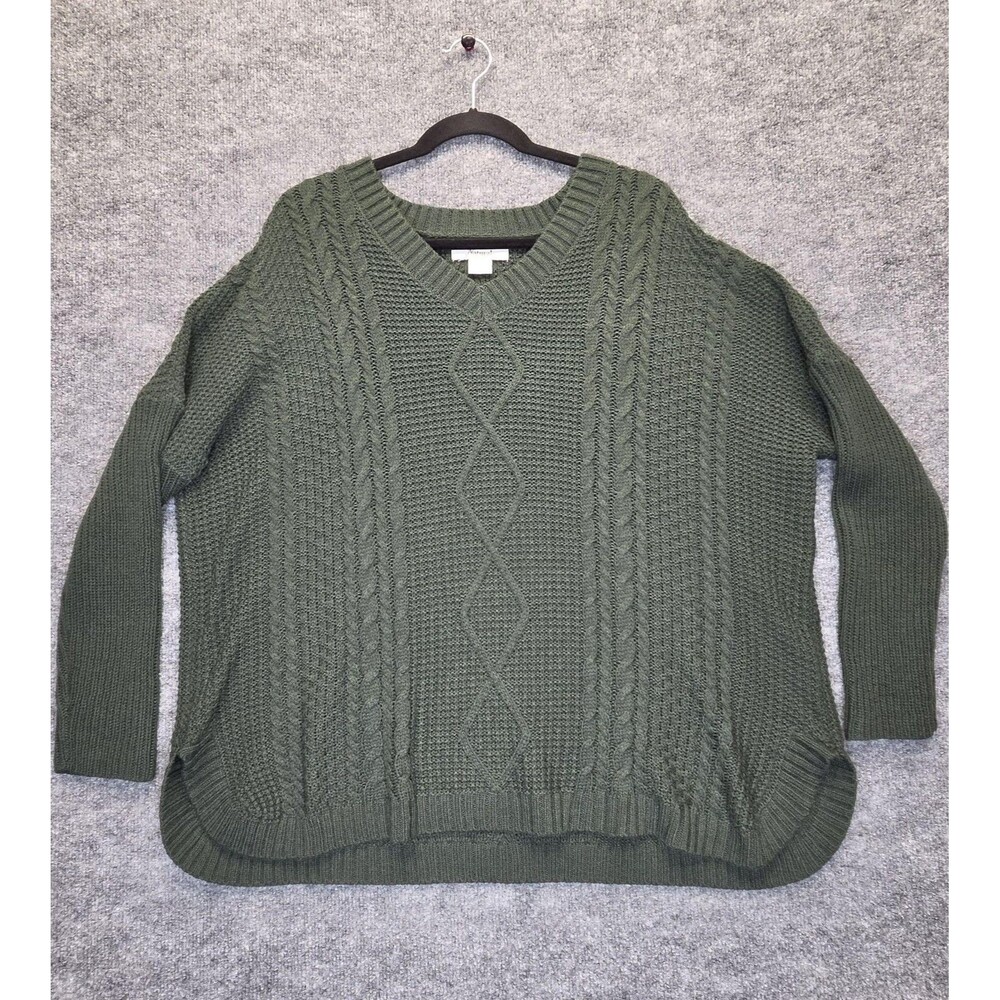Natural Reflections Sweater Womens Large Green Cable Knit V Neck High Low Hem